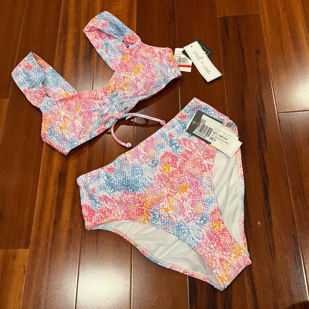 New NWT Salt + Cove Bikini Two-Piece Swim Set Electric Snake Bright Pink Size XS